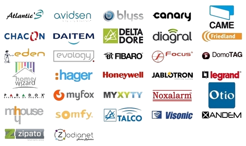 Marques d'alarmes : avidsen, atlantics, delta dore, visonic, jablotron, zodianet, talco, myxyty, hager, somfy, daitem, zipato, friedland, legrand, evology, diagral, came, paradox, home wizard, honeywell, fibaro, myfox, eden, blyss, noxalarm, domotag, canary, chacon, focus, otio, mhouse, xandem